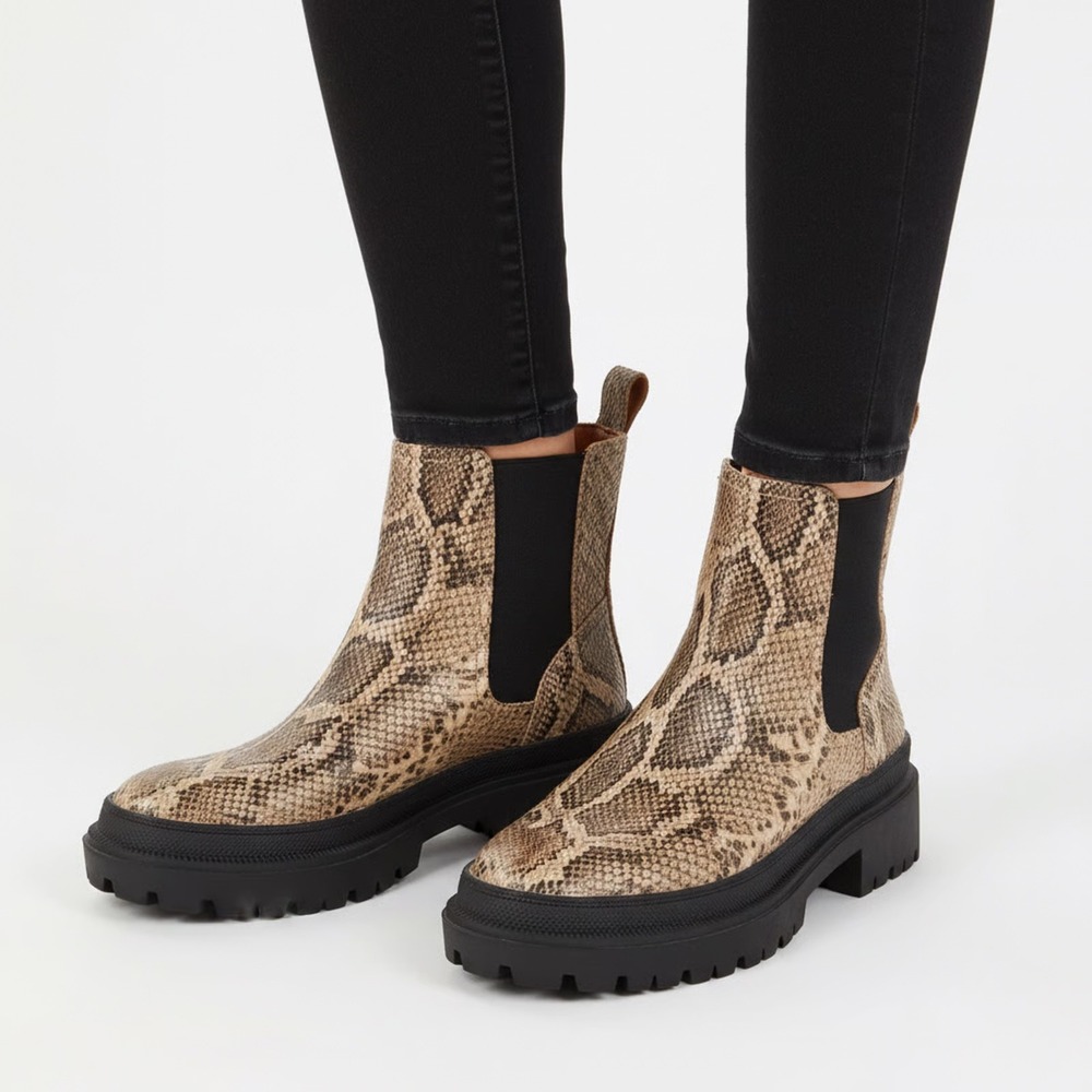 Lucky Brand Emali Snakeskin Leather Lug Sole Chelsea Boots Tan Brown 6.5
